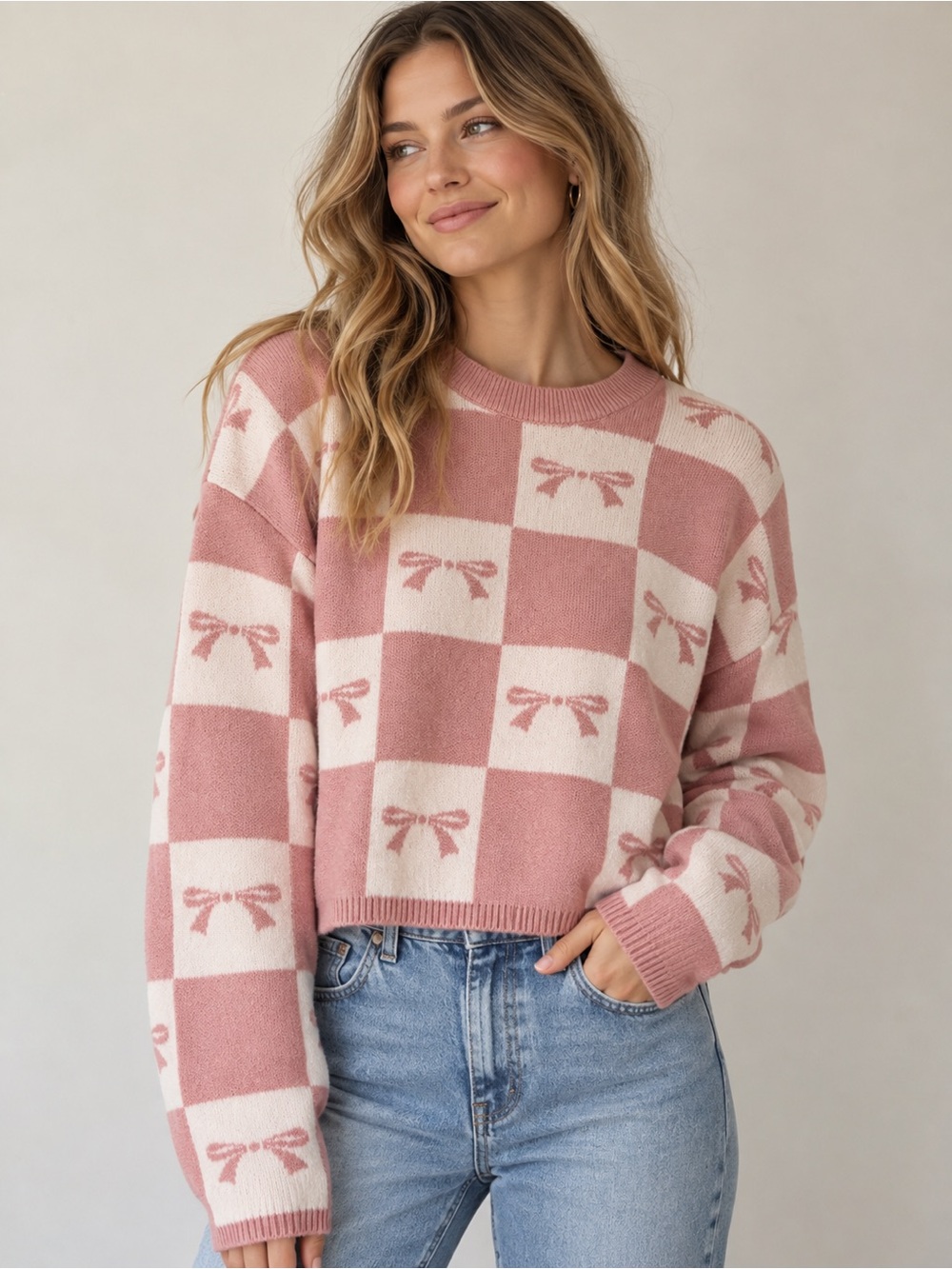 Sincerely Jules Pink & Cream Bow Checkered Sweater Small 🎀
